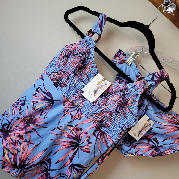 JESSICA SIMPSON  Smocked Tankini Swim Top & Matching Bikini Bottom Botanical XL - Picture 16 of 16